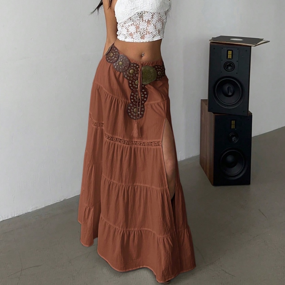 Boho Stretchy Waist lace Insert Split Thigh Maxi Skirt - Picture 6 of 8
